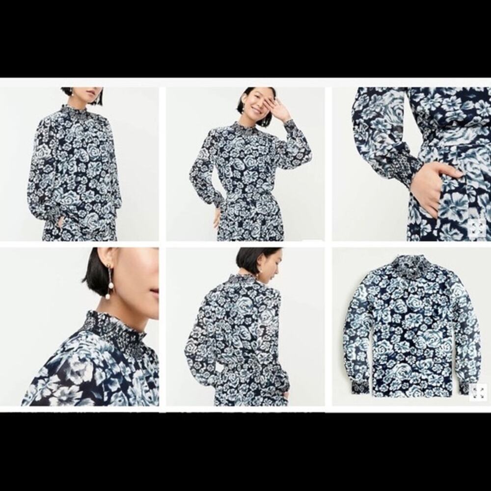 NWT J.Crew blue white floral Bishop long sleeve chiffon smocked blouse mock neck